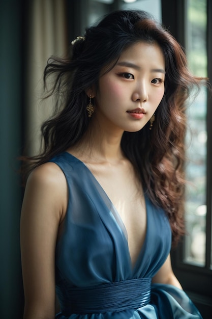 Young beautiful Asian woman with blue color dress