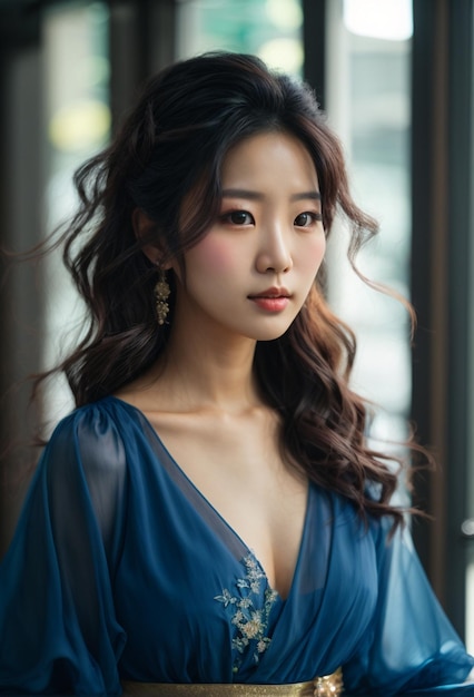 青い色のドレスを着た美しい若いアジア人女性