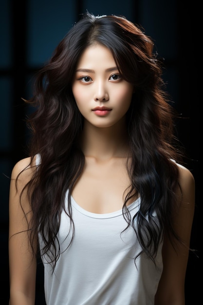 Молодая красивая азиатка с корейским стилем макияжа на лице и идеально чистой кожей и красивой
