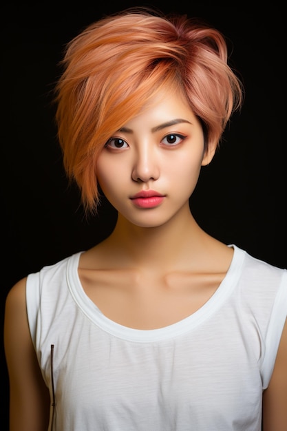 얼굴에 한국 메이크업 스타일과 완벽하게 깨한 피부와 아름다운 젊은 아름다운 아시아 여성
