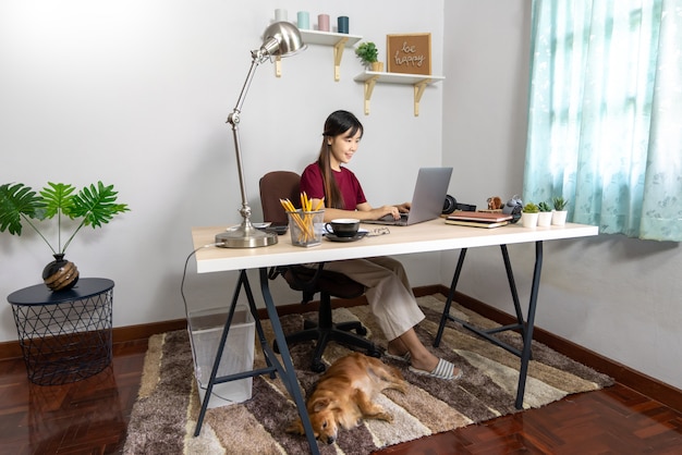 Photo young beautiful asian woman working at home with her pet
