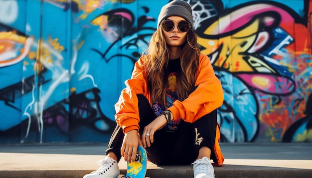 A young beautiful athletic trendy alternative woman is holding a skateboard