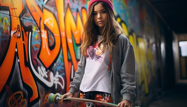 A young beautiful athletic trendy alternative woman is holding a skateboard