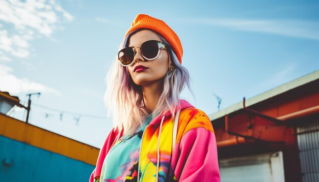 A young beautiful athletic trendy alternative woman is holding a skateboard