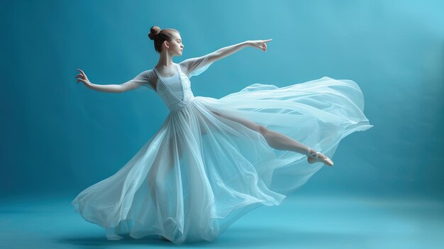 Foto giovane bella ballerina in abito bianco che balla sullo sfondo blu dello studio