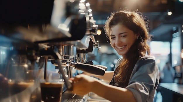 Photo young beautiful barista making coffee with professional coffee machine small business owner coffee shop