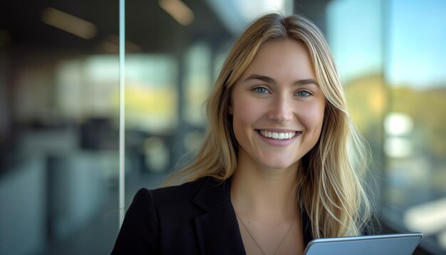 Photo young beautiful blond caucasian business woman or ceo executive manageer standing in light office