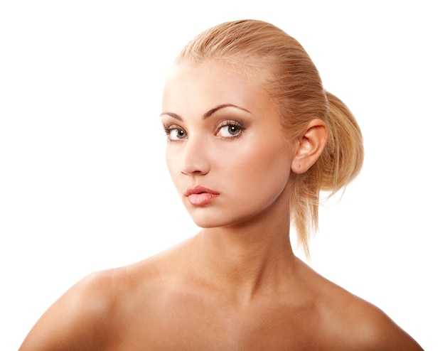 Young beautiful blond woman isolated at white background