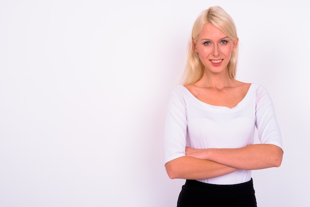 young beautiful blonde businesswoman against white space