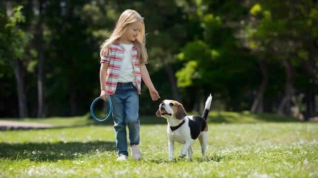 Young beautiful blonde girl walking playing with beagle dog in park