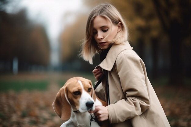 Young beautiful blonde girl walking playing with beagle dog in park