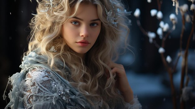 写真 青い目で覆われたクリスマス ツリーの雪の背景に青いドレスを着た巻き毛の若い美しいブロンドの女の子