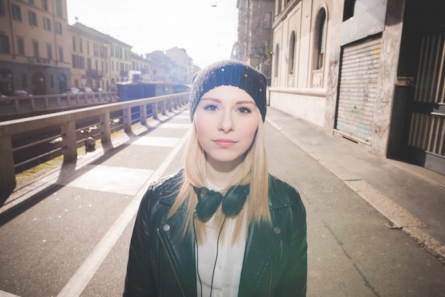 young beautiful blonde straight hair woman