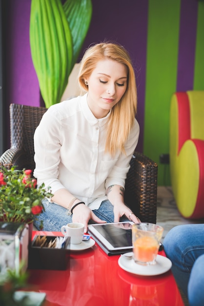 young beautiful blonde straight hair woman