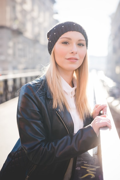 young beautiful blonde straight hair woman