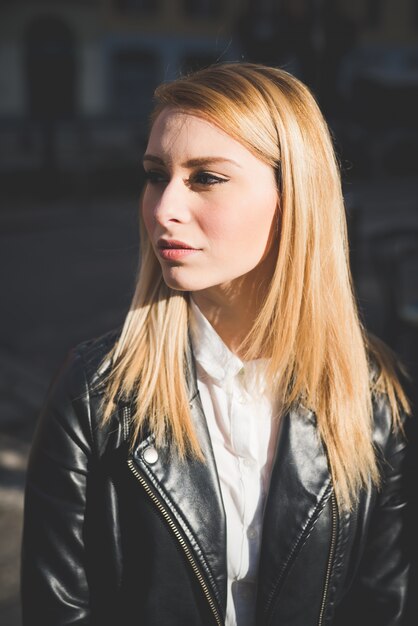 young beautiful blonde straight hair woman