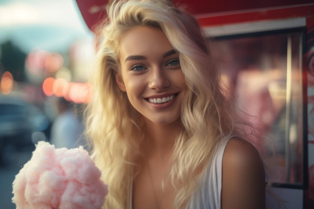 Young beautiful blonde woman holding a cotton candy next to the food truck at the festival