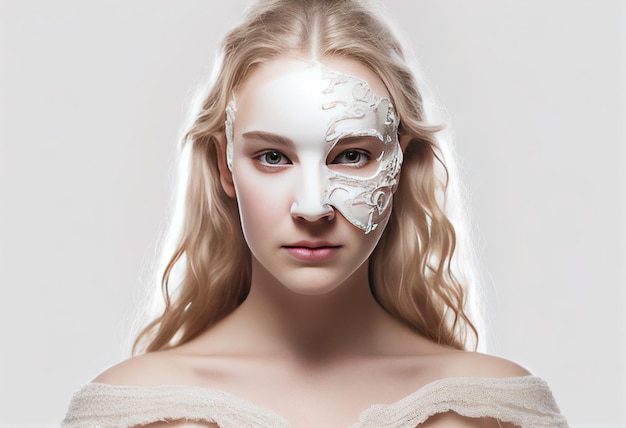 Young Beautiful Blonde Woman In The White mask illustration AI generative