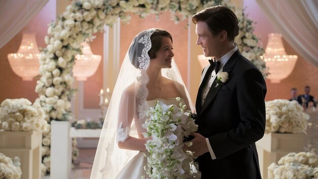 A young and beautiful bride is standing with her husband