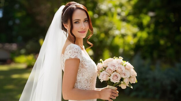 Young beautiful bride posing in wedding dress with bouquet roses