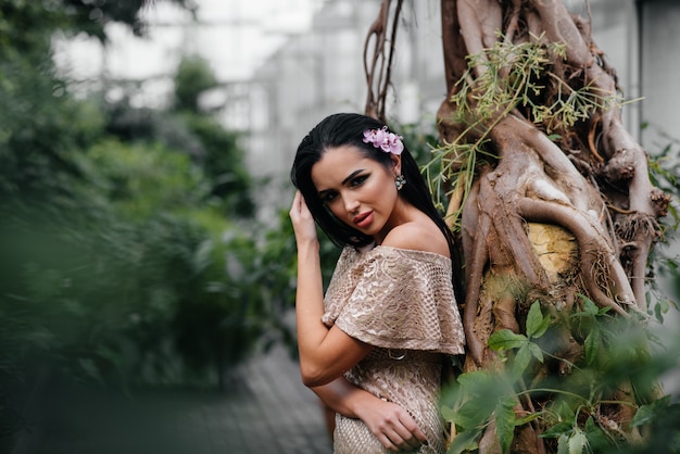 Photo a young beautiful brunette posing among dense thickets of jungle and rainforest