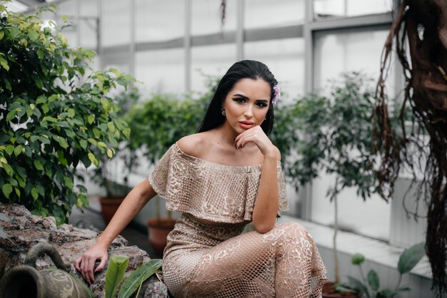 A young beautiful brunette posing among dense thickets of jungle and rainforest. Spa