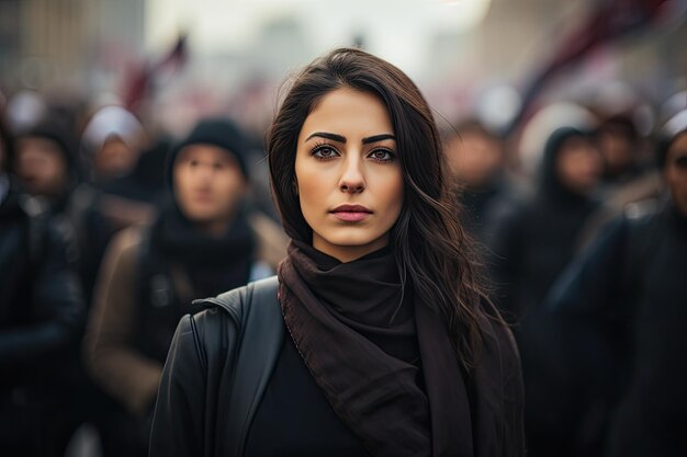 Young beautiful brunette woman in black coat and scarf posing on the street Arab woman protesting at a social rally AI Generated