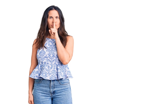 Young beautiful brunette woman wearing casual t-shirt asking to be quiet with finger on lips. silence and secret concept.