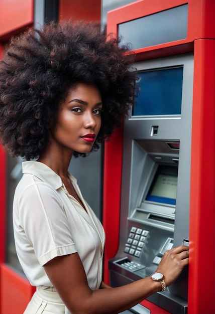 Photo young beautiful brunette woman with lush hair posing near an atm generative ai