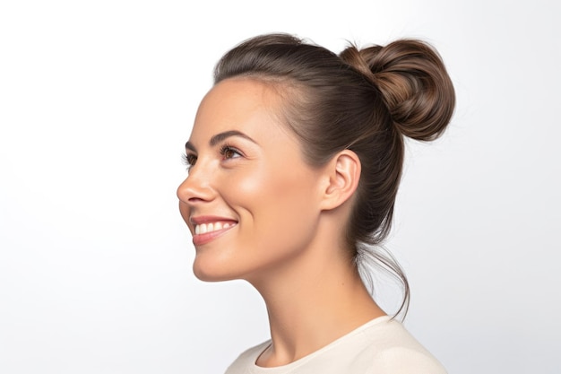 Young beautiful brunette woman with short hair and toothy smile on white background close up profile portrait