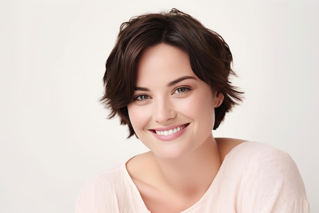 Young beautiful brunette woman with short hair and toothy smile on white background looking at camera close up portrait