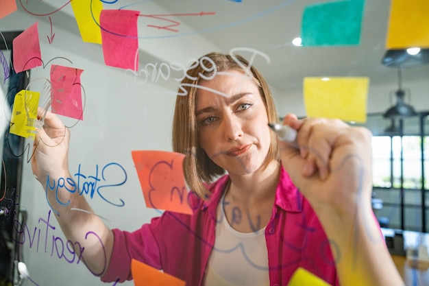 Young beautiful business leader writing marketing idea on board Immaculate