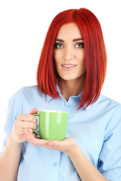 Young beautiful business woman holding cup close up