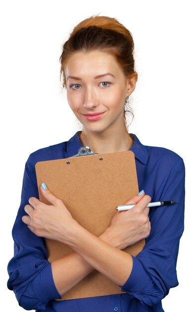 Young beautiful business woman with clipboard