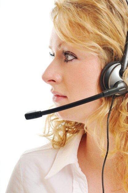 young beautiful business woman with headset phone customer solution info service