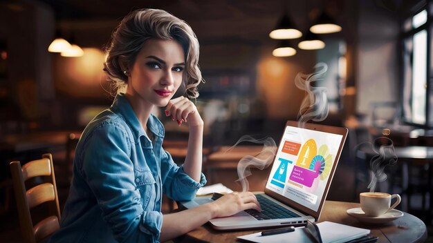 Young beautiful business woman working on computer in a cafe