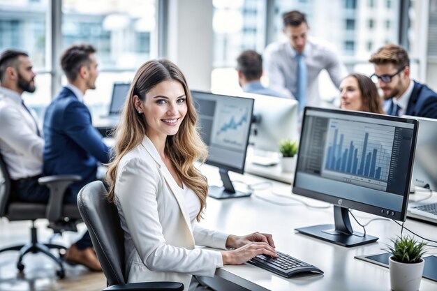 Young beautiful business woman working at the computer with colleagues in a spacious office