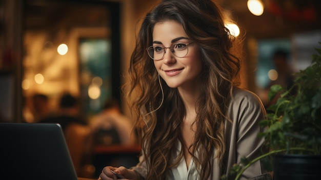 カフェのテーブルに座ってラップトップ生成 AI に取り組んでいるメガネの若い美しい女性実業家