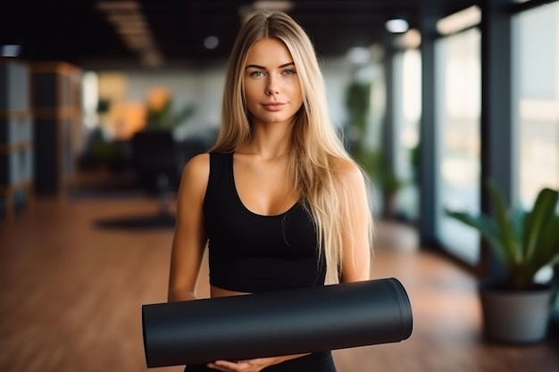 Young beautiful businesswoman holding yoga mat in office Gym after work