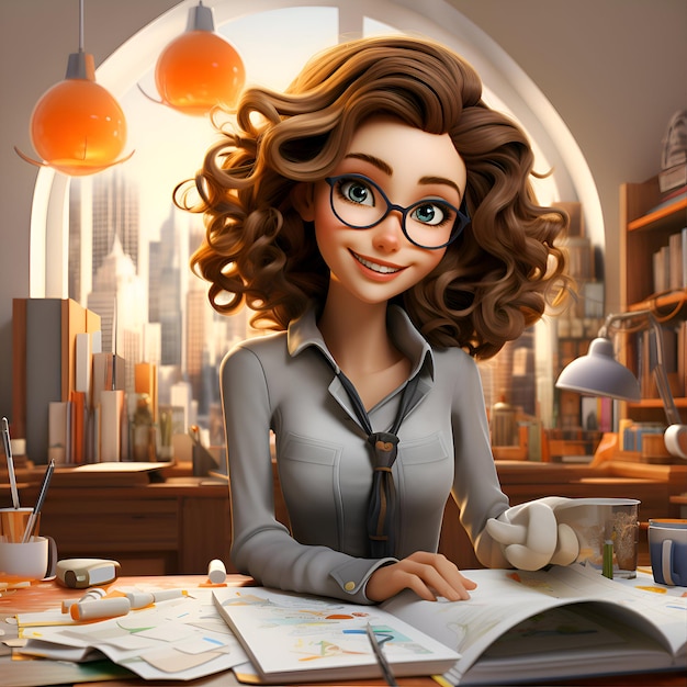 Young beautiful businesswoman with long curly hair 3d rendering