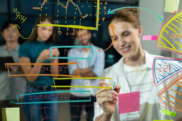 Photo young beautiful businesswoman writing business plan on glass wall tracery