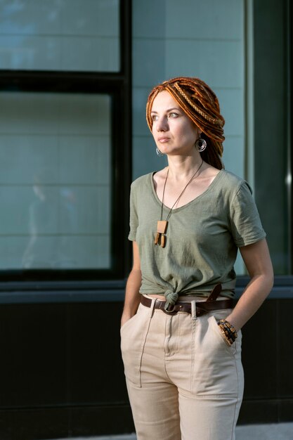 Young beautiful caucasian girl with red dreadlocks looks away. Girl on stands against the background of an office building