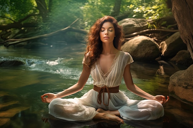 Молодая красивая кавказская женщина медитирует в тропическом лесу Спокойное окружение и дыхание тропического леса восстанавливают душу