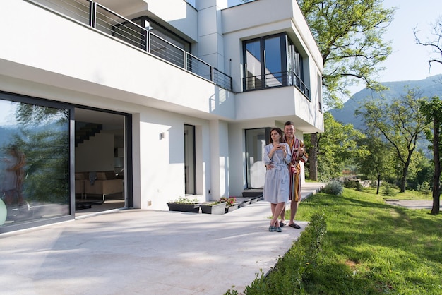 Young beautiful couple in bathrobes are enjoying morning coffee in front of their luxury home villa