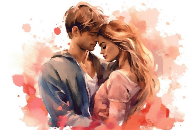 Young beautiful couple gently hugging Watercolor style illustration Generative AI