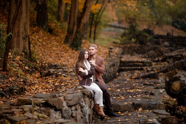 秋の公園で若い美しいカップルを抱擁します。