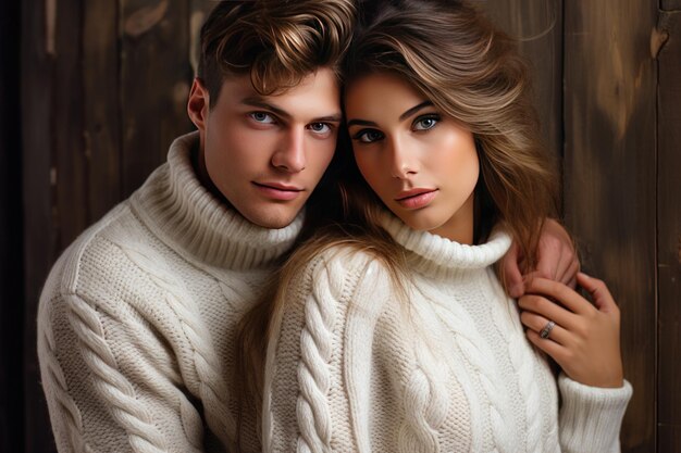 красивая молодая пара в одинаковых вязаных свитерах