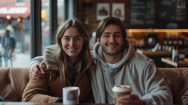 A young beautiful couple is sitting on a sofa in a classic coffee shop in the center of city