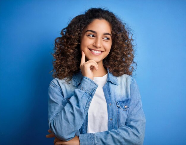 Молодая красивая кудрявая арабская женщина с кудрявой улыбкой в повседневном джинсовом жилете стоит на синем фоне