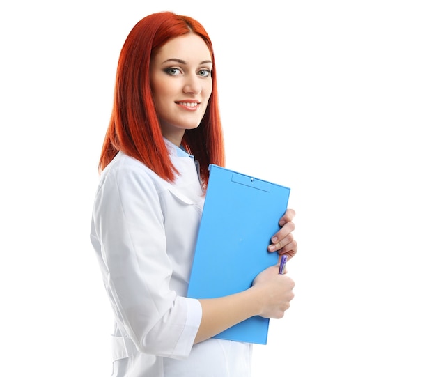 Young beautiful doctor with clipboard isolated on white